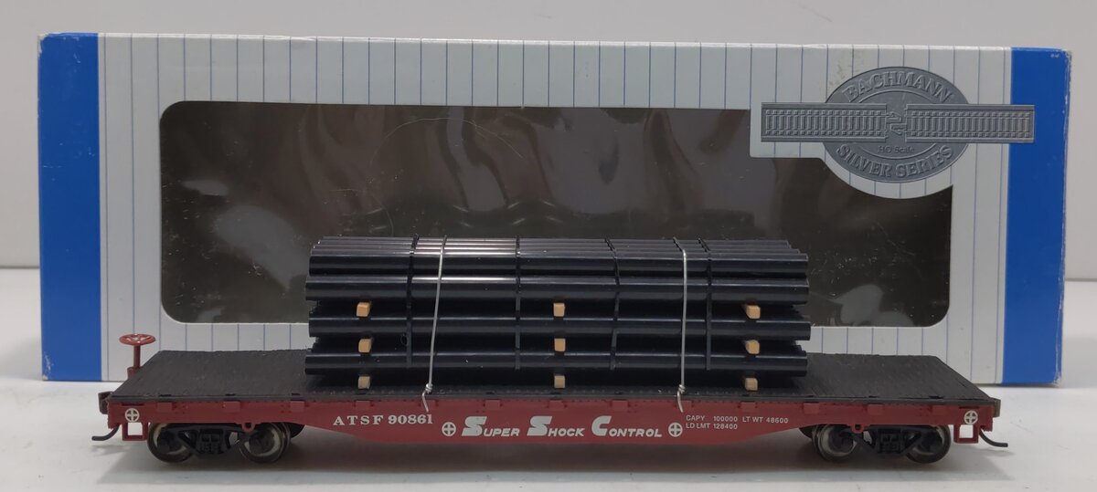 Bachmann 18913 HO Atchison Topeka & Santa Fe 50'''' Flatcar # 90861 W/Pipe Load LN/Box