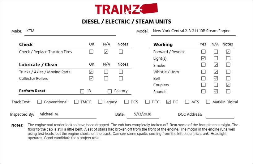 KTM O 2-Rail Brass New York Central 2-8-2 H-10B Steam Engine & Tender- Painted