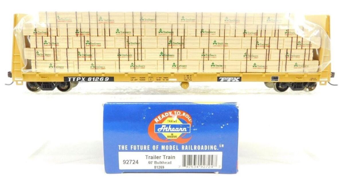 Athearn 92724 HO Scale TTX TTPX 60' Bulkhead Flat Car w/ Wooden Load #81269 LN/Box