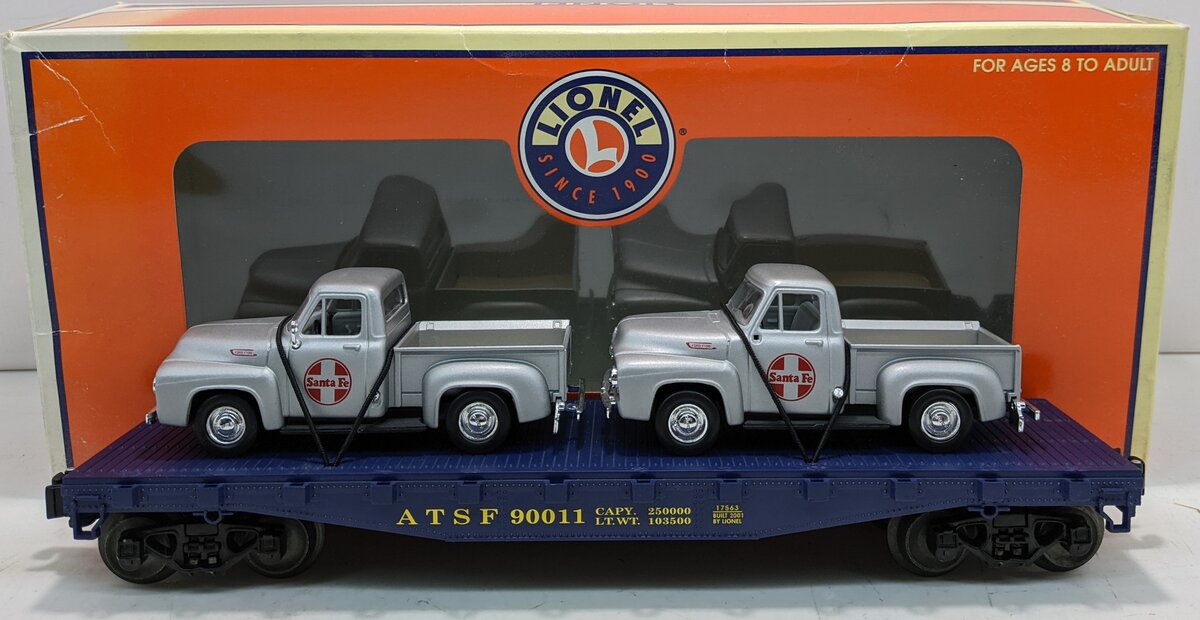 Lionel 6-17563 O Gauge Santa Fe Flatcar w/ Two 1953 Pickups LN/Box