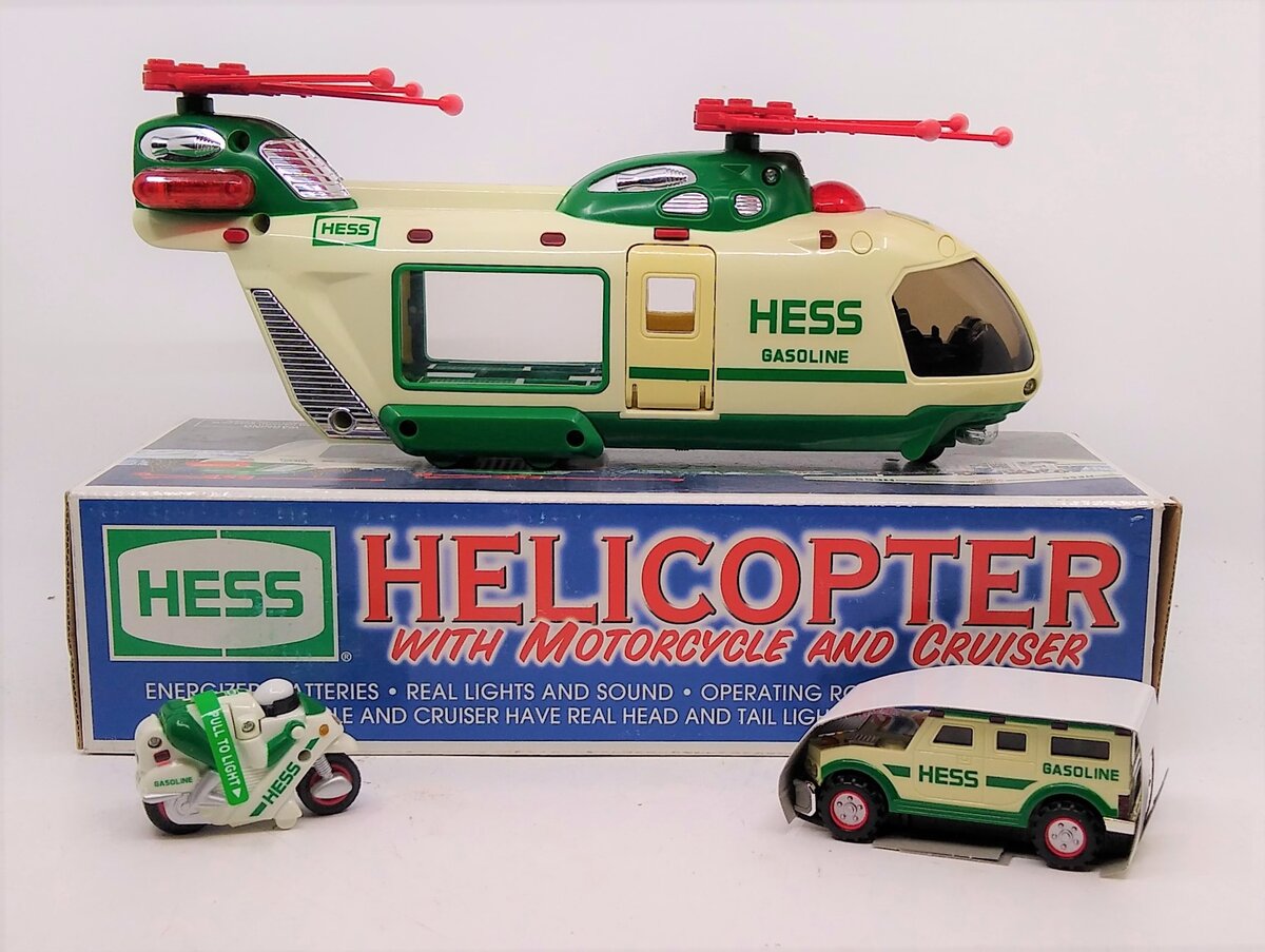 Hess 2001 Helicopter with Motorcycle and Cruiser w/Lights & Sound