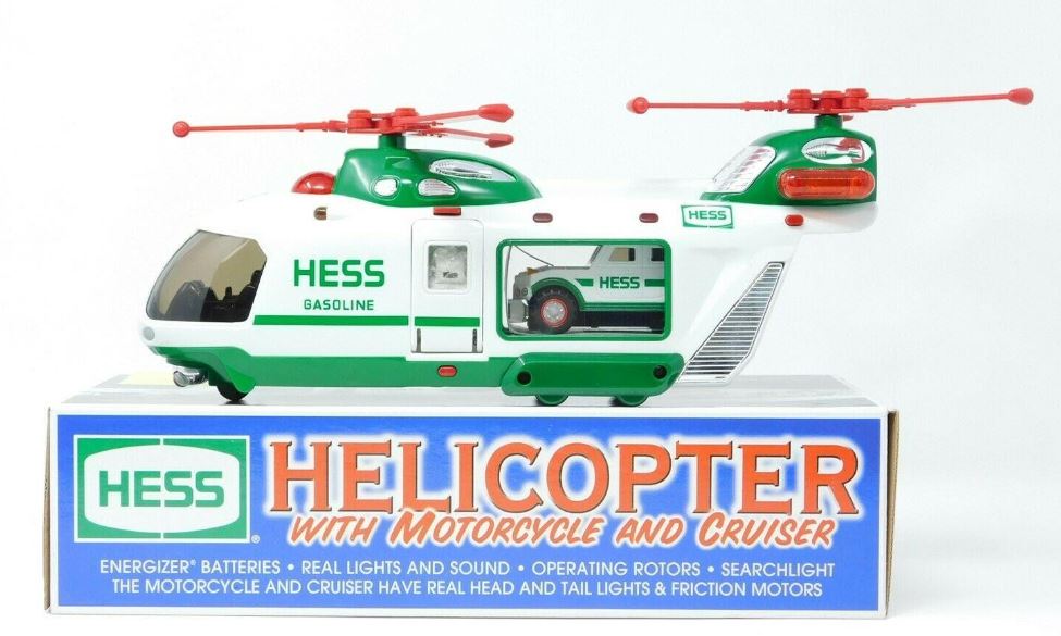 Hess 2001 Helicopter with Motorcycle and Cruiser w/Lights & Sound