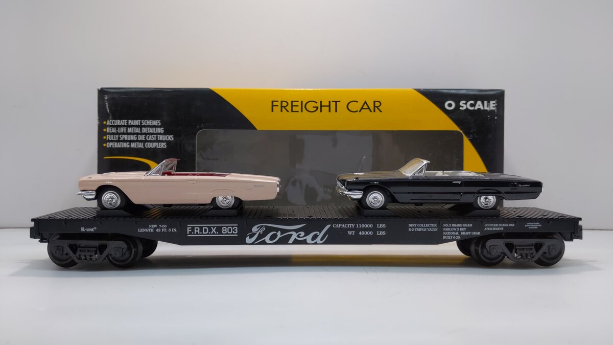 K-Line K691-6001 O Gauge Ford Flatcar w/2 1966 T-Bird Convertibles #803 NIB