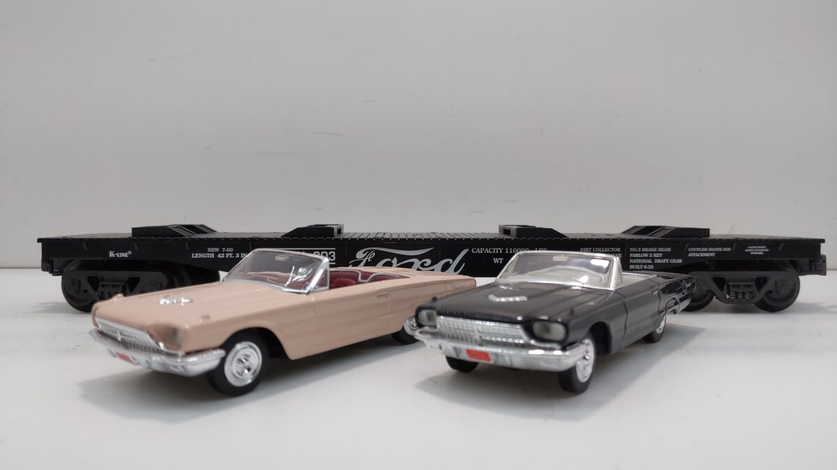 K-Line K691-6001 O Gauge Ford Flatcar w/2 1966 T-Bird Convertibles #803 NIB