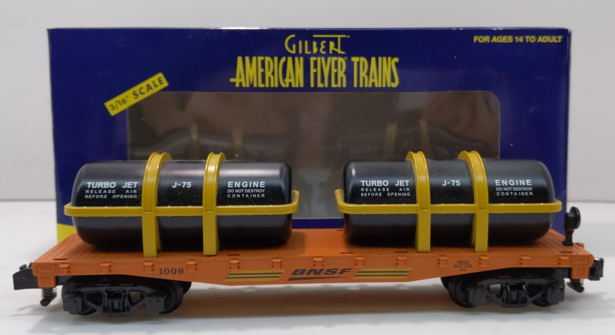 American Flyer 6-48560 S BNSF Flatcar w/Turbo Engine Load #1009 LN/Box