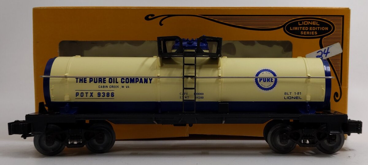 Lionel 6-9386 O Gauge Pure Oil Single Dome Tank Car EX/Box