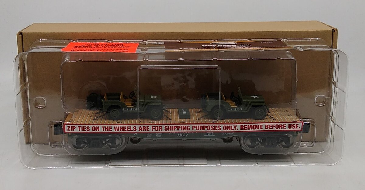Menards 279-3380 O Army Flatcar w/ Two Jeeps #23028 MT/Box