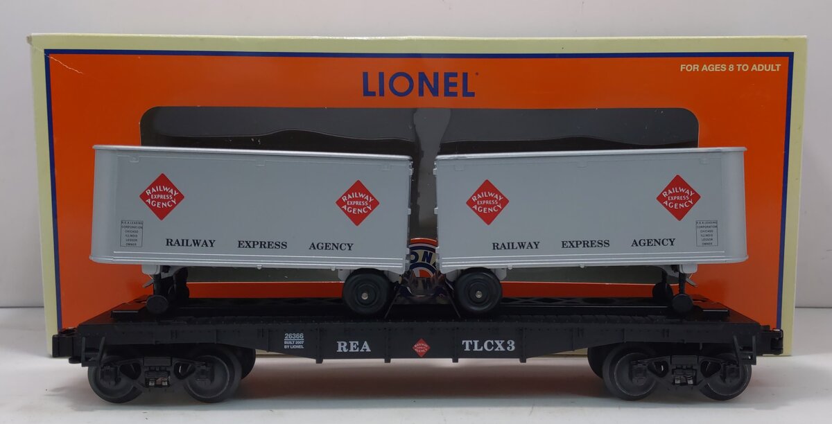 Lionel 6-26366 O Gauge Railway Express Agency Flatcar w/ 2 Pup Trailers LN/Box