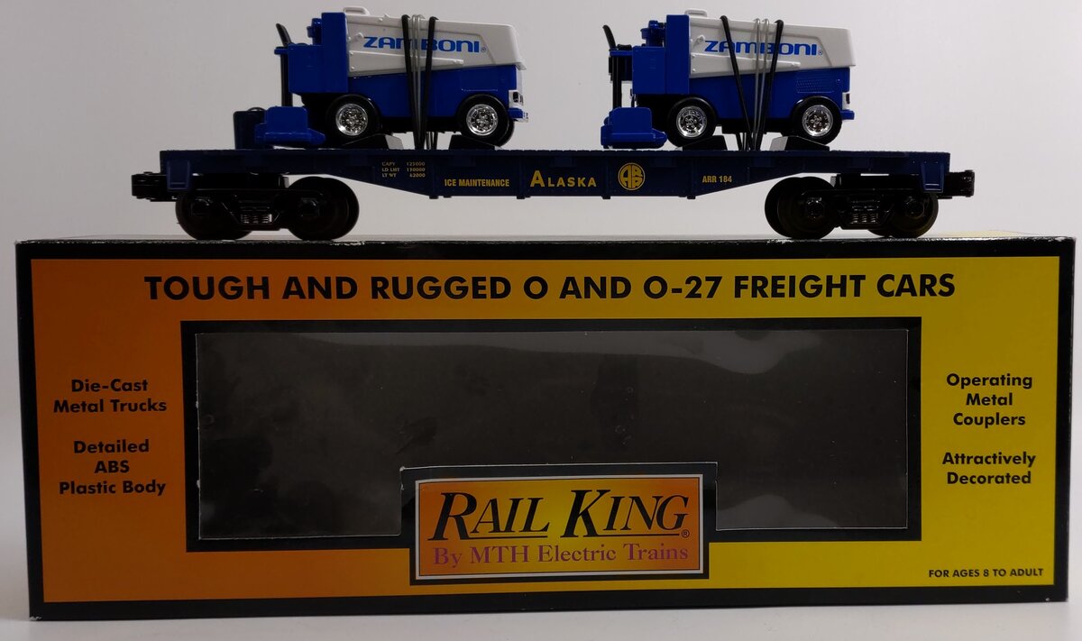 MTH 30-76037 O Gauge Alaska Flat Car w/ 2 Zambonis LN/Box