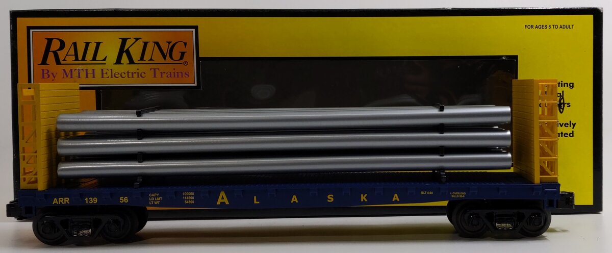 MTH 30-76088 O Gauge Alaska Bulkhead Flatcar with Pipe Load NIB