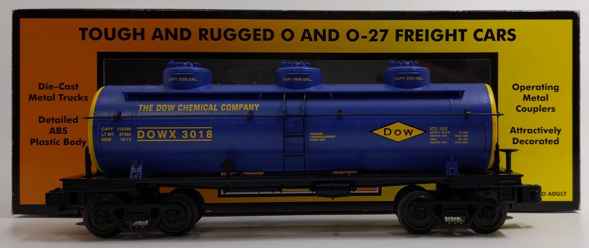 MTH 30-7363 O Gauge Dow Chemical 3-Dome Tank Car #3018 LN/Box