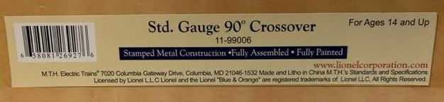 MTH 11-99006 Lionel Standard Gauge Tinplate 90 Degree Crossing LN/Box