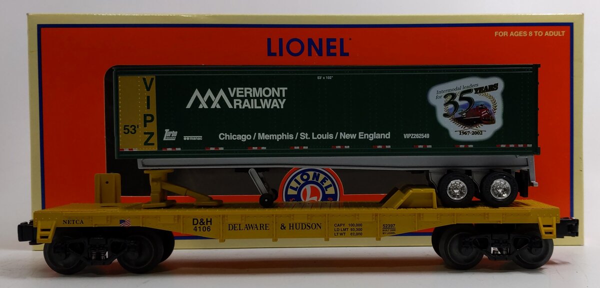 Lionel 6-52397 O Gauge Netca Delaware & Hudson Flatcar w/ Vermont Trailer #4106 LN/Box