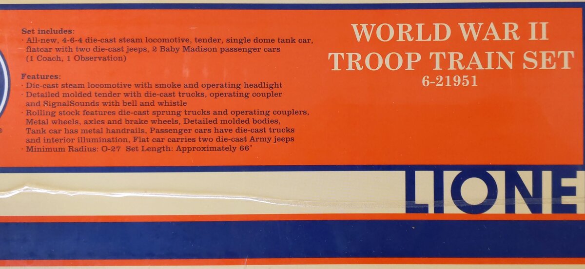 Lionel 6-21951 O Gauge World War II Troop Train Steam Train Set MT/Box