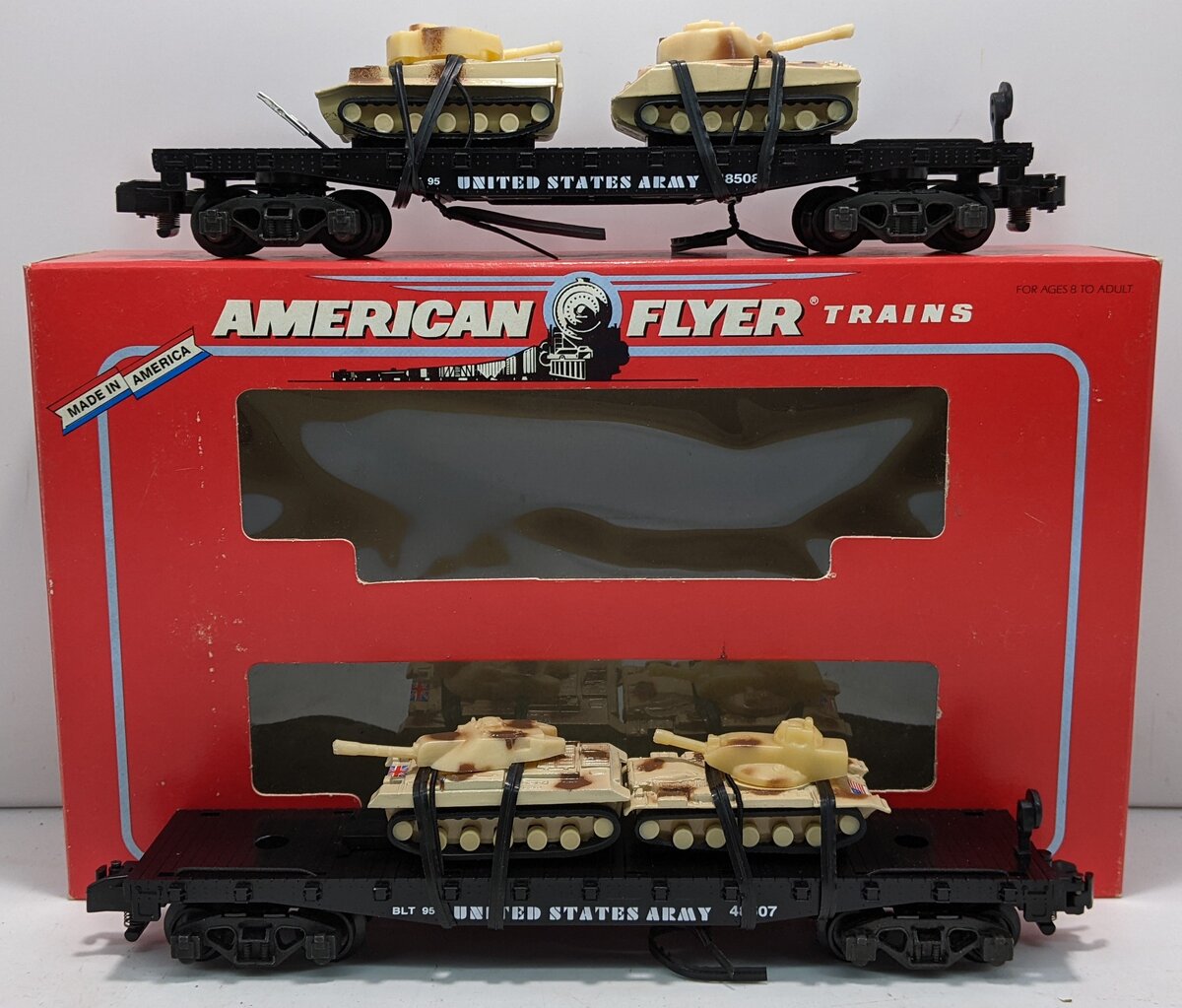 American Flyer 6-48507 S US Army Flatcars with Tanks (Set of 2) NIB
