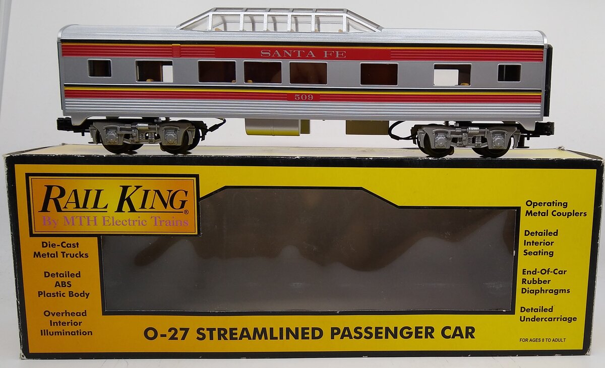 MTH 30-6121 O Gauge Santa Fe Vista Dome Passenger Car #509 LN/Box