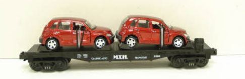 MTH 30-76039 O MTH Auto Transportation Flatcar w/ 2 Red PT Cruisers EX/Box