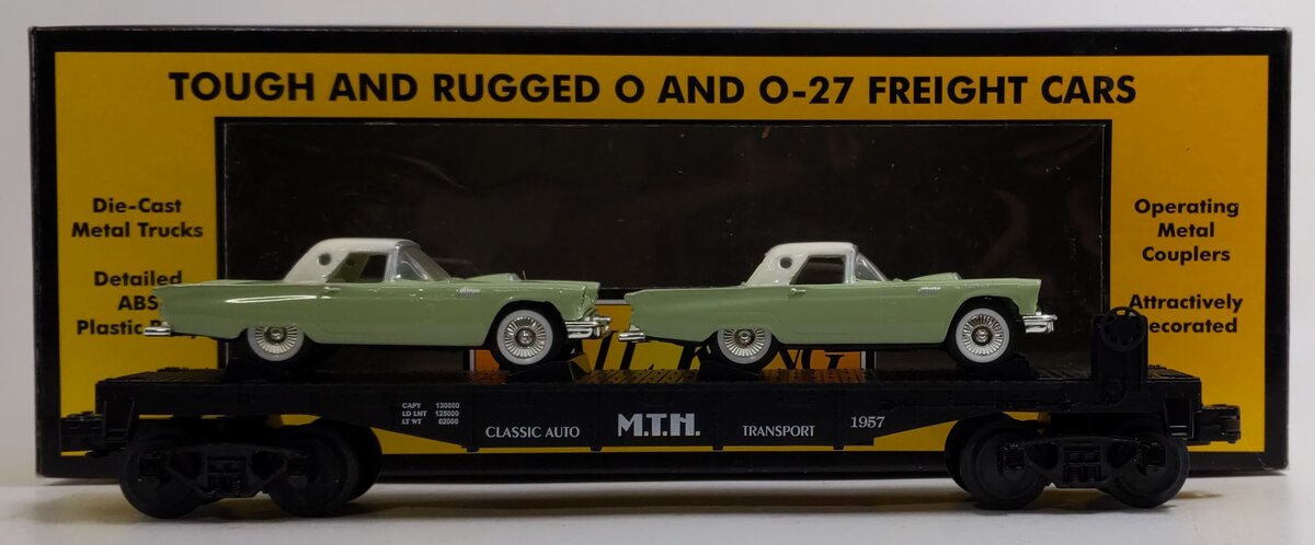 MTH 30-7613 O Gauge Auto Transport Flatcar with Two ThunderBirds LN/Box