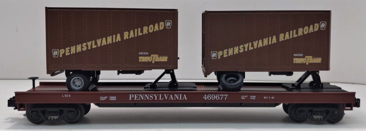 MTH 20-98104 O Gauge Pennsylvania Flatcar #469677 with Pennsylvania Trailers LN/Box