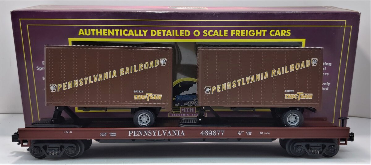 MTH 20-98104 O Gauge Pennsylvania Flatcar #469677 with Pennsylvania Trailers LN/Box