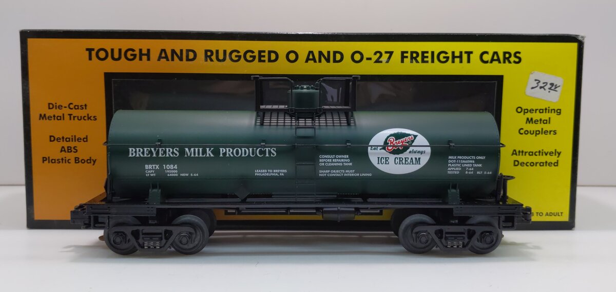 MTH 30-7330 O Gauge Breyers Milk Single Dome Tank Car #1084 NIB
