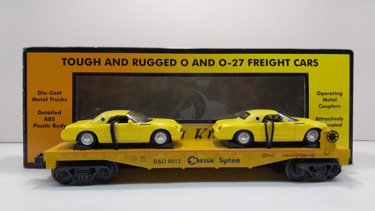 MTH 30-76055 O Gauge Chessie Flatcar w/Two 2000 Ford Thunderbirds #8813 NIB