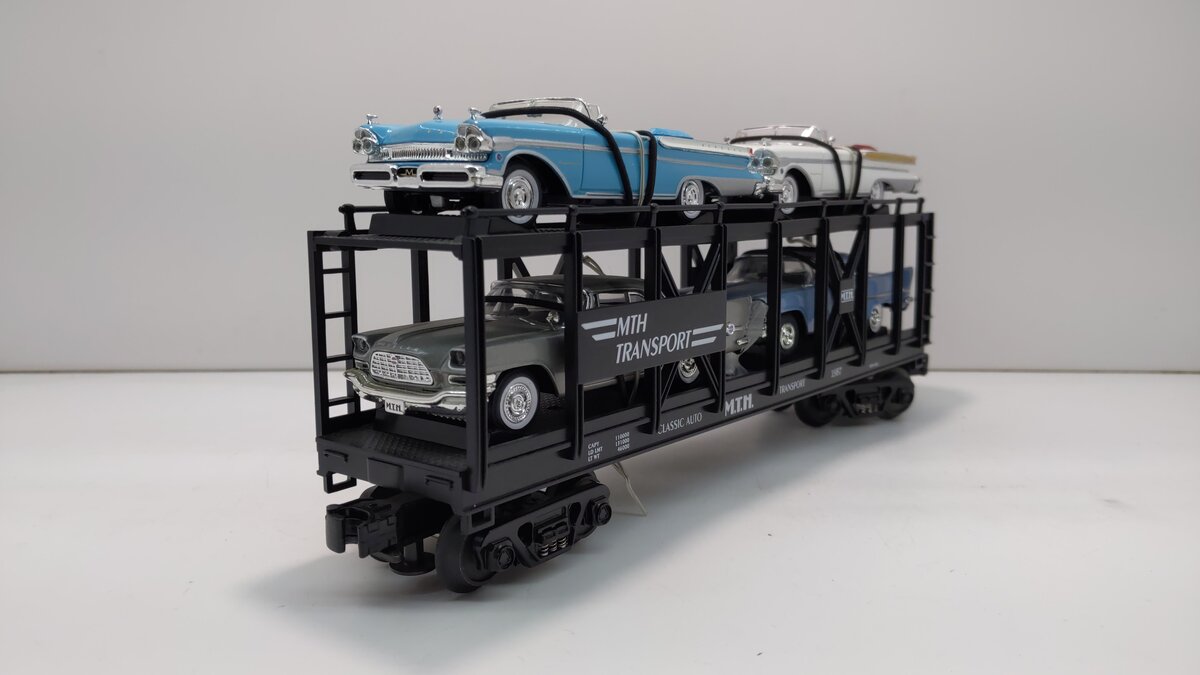 MTH 30-7676 O Gauge MTH Auto Carrier w/ 4 Ertl 1957 Automobiles LN/Box