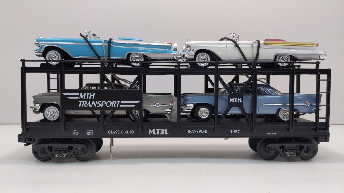 MTH 30-7676 O Gauge MTH Auto Carrier w/ 4 Ertl 1957 Automobiles LN/Box