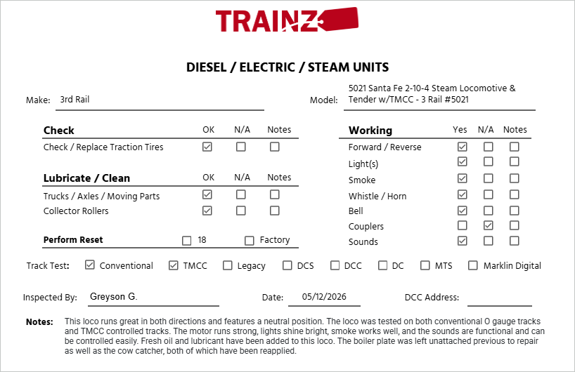 3rd Rail 5021 Santa Fe 2-10-4 Steam Locomotive & Tender w/TMCC - 3 Rail #5021 EX/Box