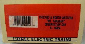 Lionel 6-16054 O Gauge Chicago & Northwestern Mt. Faraker Observation Car #6603 EX/Box
