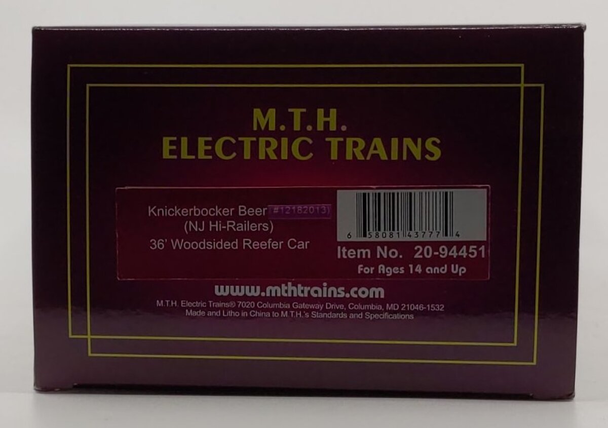 MTH 20-94451 O Knickerbocker Beer NJ Hi-Railers 36' Woodside Reefer #12182013 LN/Box