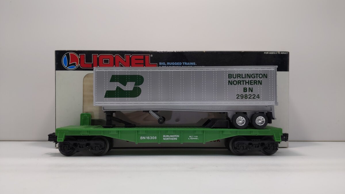 Lionel 6-16308 O Gauge Burlington Northern Flatcar w/Trailer #298224 LN/Box