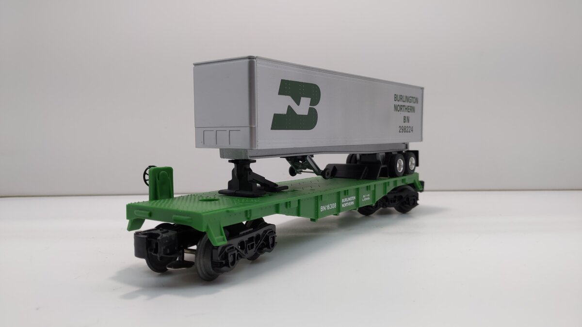 Lionel 6-16308 O Gauge Burlington Northern Flatcar w/Trailer #298224 LN/Box