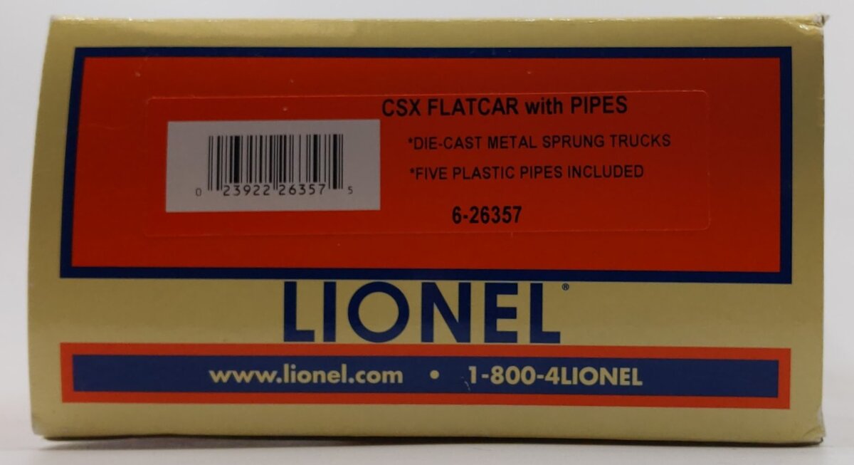Lionel 6-26357 O Gauge CSX Flatcar w/Pipe Load #600514 NIB
