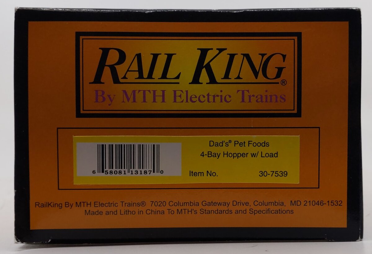 MTH 30-7539 O Gauge Dad's Pet Foods 4-Bay Hopper with Load LN/Box