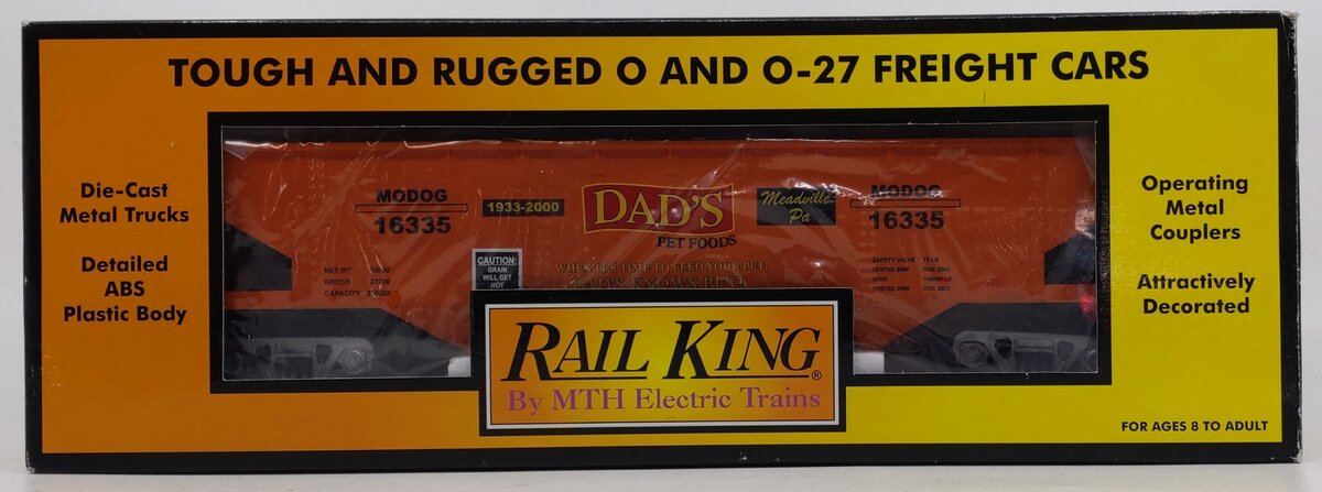 MTH 30-7539 O Gauge Dad's Pet Foods 4-Bay Hopper with Load LN/Box