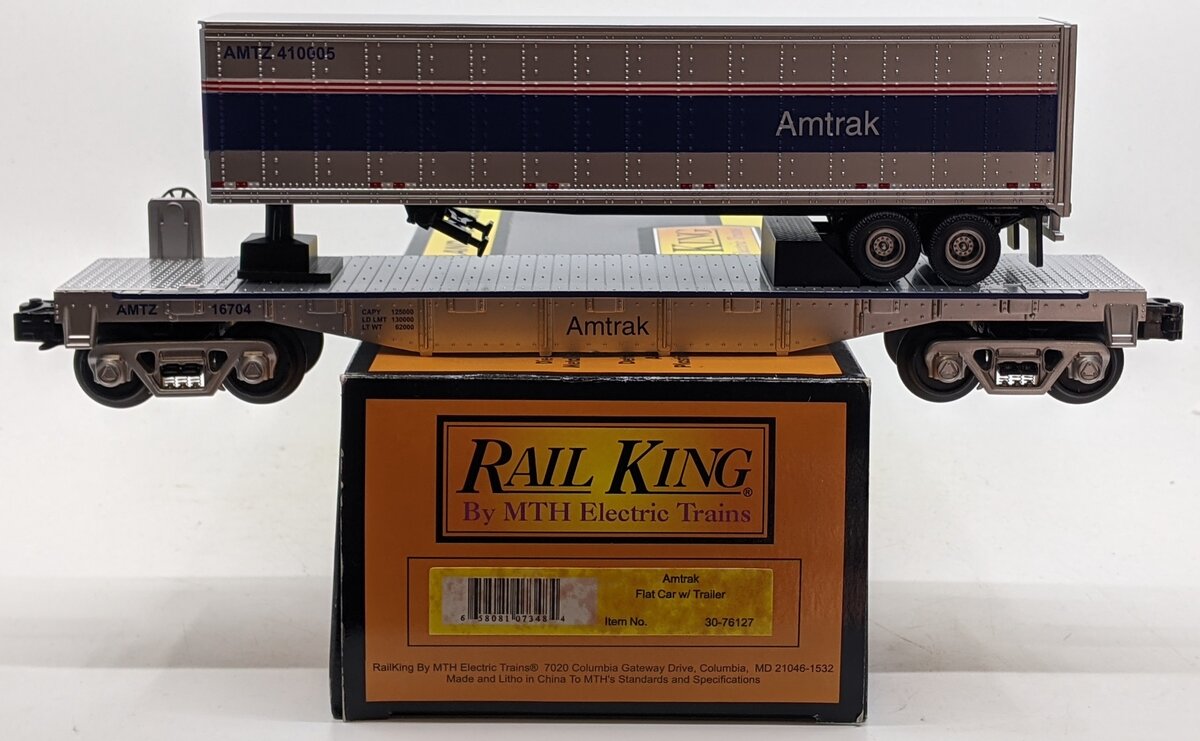 MTH 30-76127 O Gauge Amtrak Flatcar w/ Trailer #16704 LN/Box