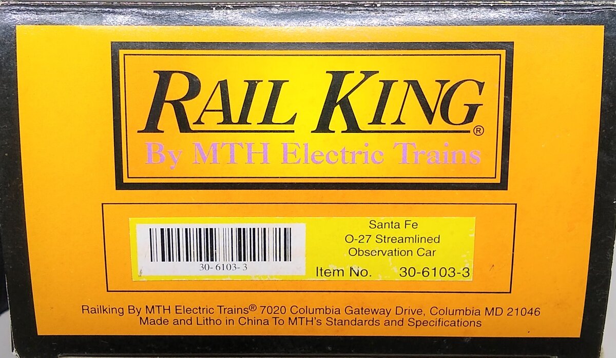 MTH 30-6103-3 O Gauge Santa Fe Streamlined Observation Car #3199 EX/Box