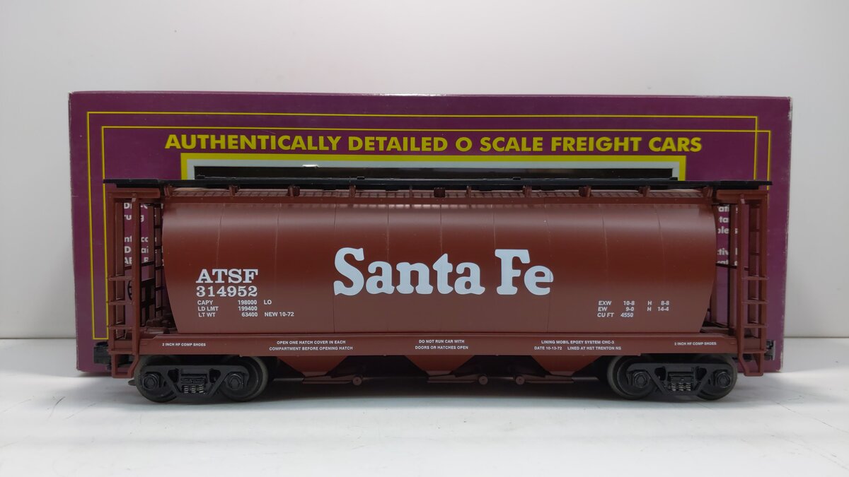 MTH 20-97406 O Gauge Santa Fe 3-Bay Cylindrical Hopper #314952 LN/Box