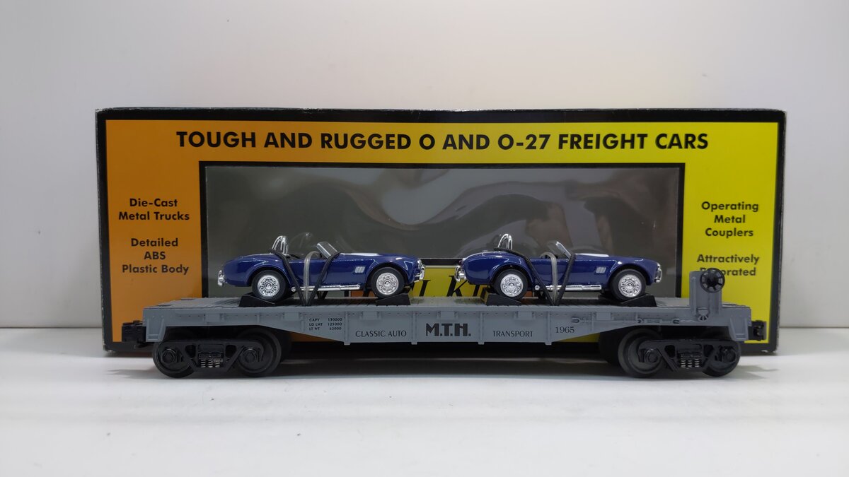 MTH 30-7660 O Gauge MTH Auto Transport Flatcar with Ertl '65 Shelby Cobra's NIB