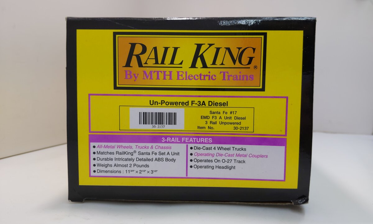 MTH 30-2137 O Gauge Santa Fe EMD F3 Non-Powered Diesel Locomotive #17 LN/Box