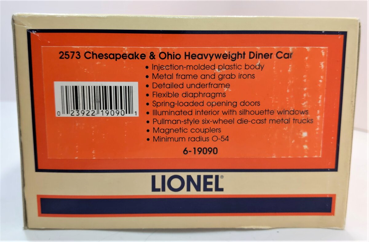 Lionel 6-19090 O Gauge Chesapeake and Ohio Heavyweight Diner Car #2573 LN/Box