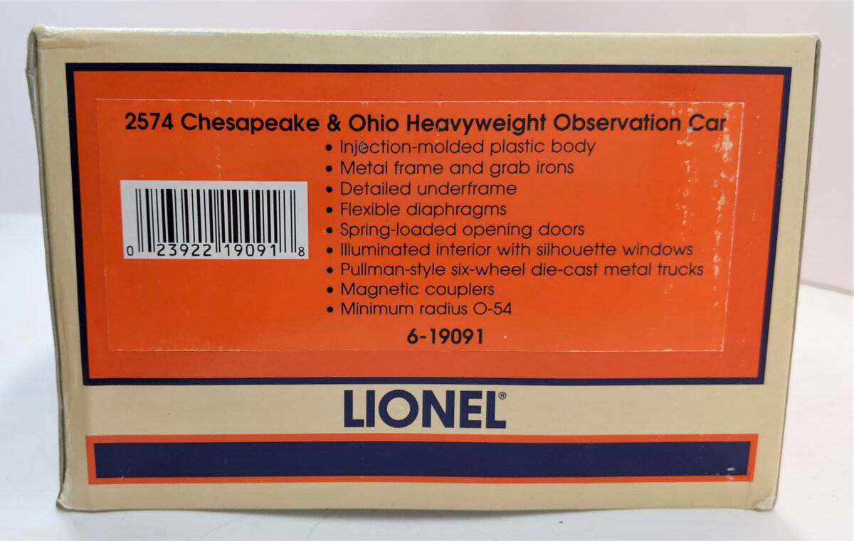 Lionel 6-19091 O Gauge Chesapeake and Ohio Heavyweight Observation Car #2574 LN/Box