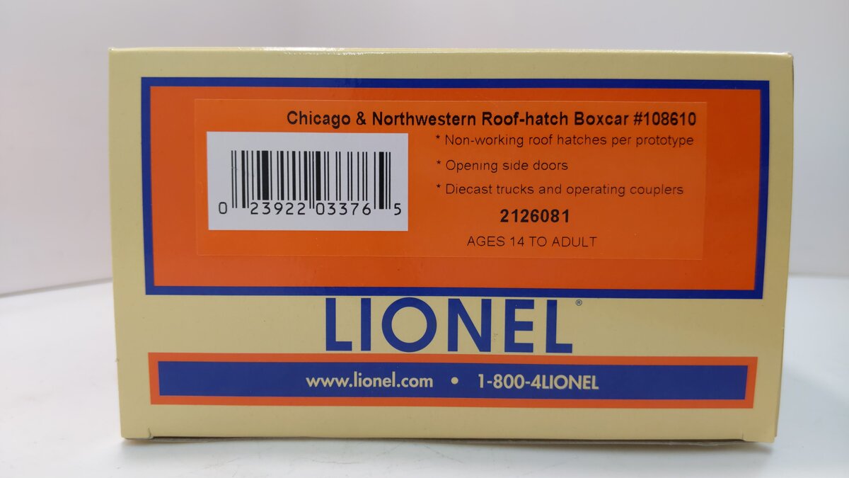 Lionel 2126081 O CNW 40' Roof Hatch Boxcar #108610 LN/Box
