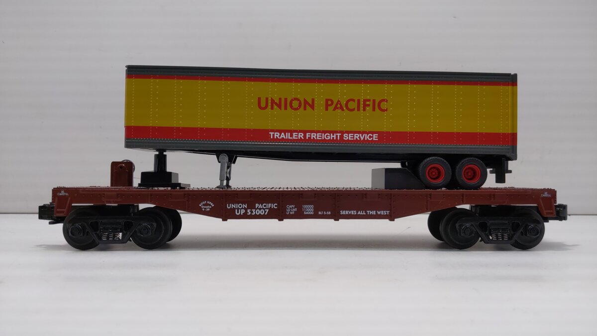 MTH 30-7632 O Gauge Union Pacific Flatcar #53007 with Trailer LN/Box