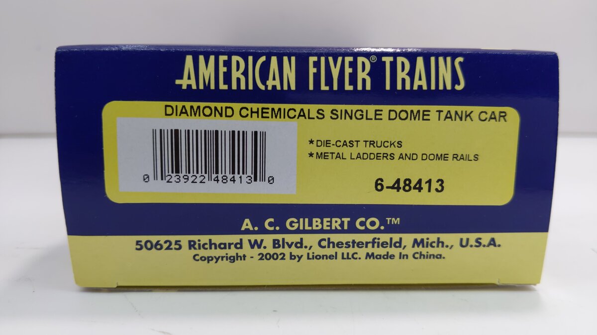 American Flyer 6-48413 S Gauge Diamond Chemicals Single Dome Tank Car LN/Box