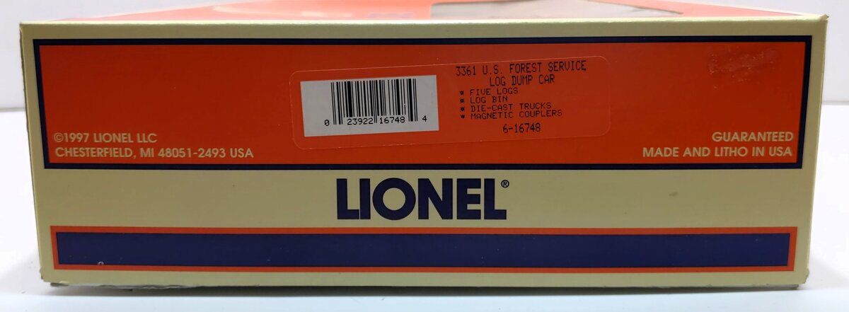 Lionel 6-16748 O Gauge U.S Forest Service Operating Log Dump Car #3361 LN/Box
