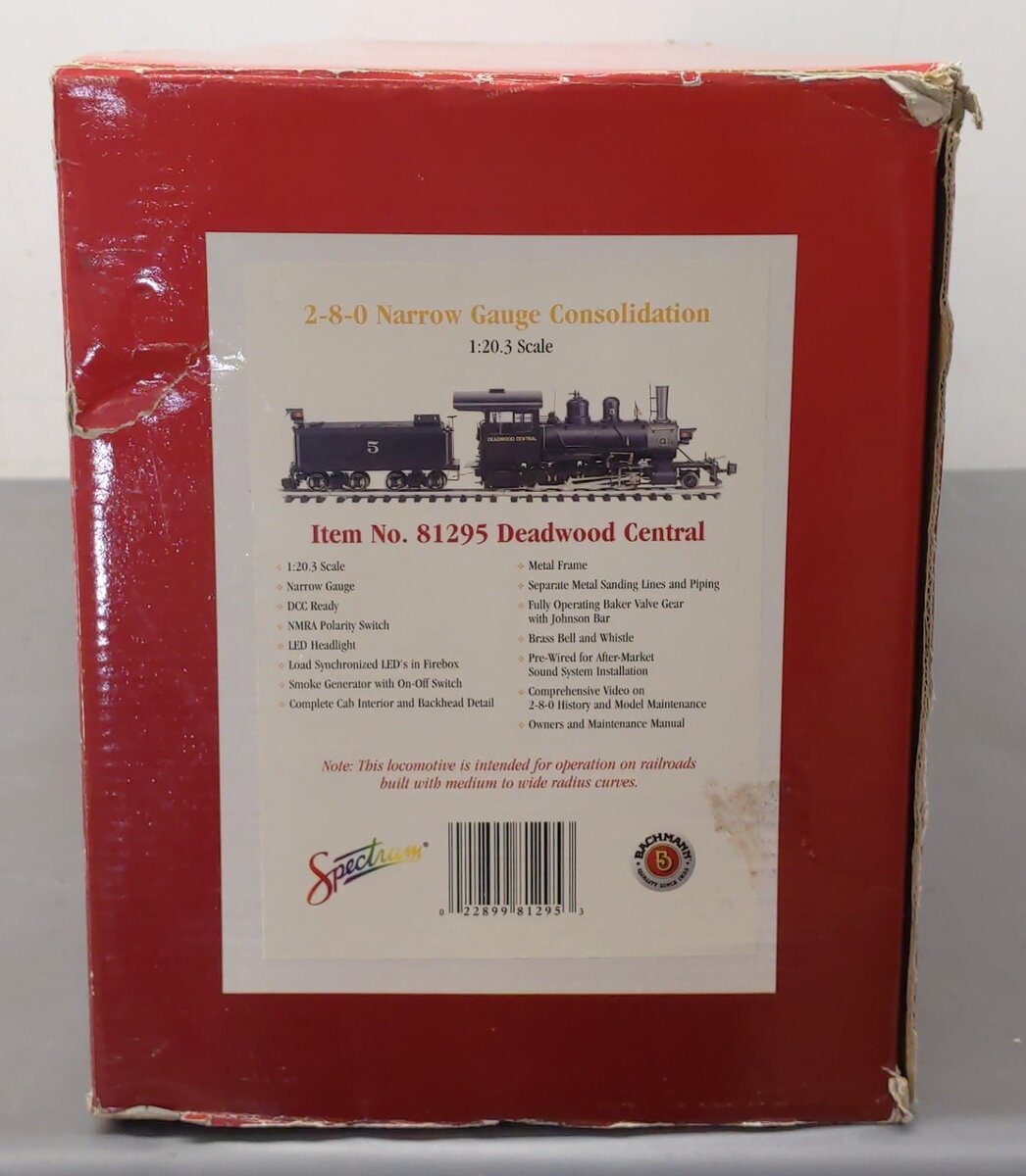 Bachmann 81295 G Scale Deadwood Central 2-8-0 Consolidation EX/Box