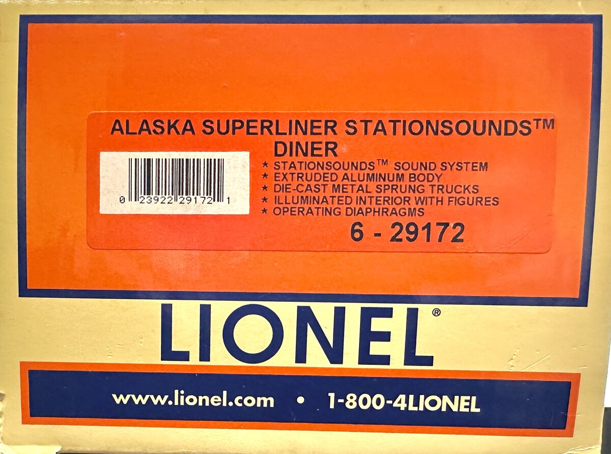 Lionel 6-29172 O Gauge Alaska Stationsounds Aluminum Diner Car LN/Box
