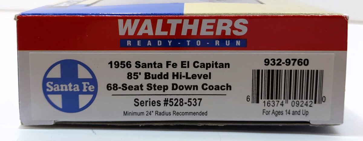 Walthers 932-9760 HO Santa Fe El Capitan 85' Budd Hi-Level Step Down Coach LN/Box